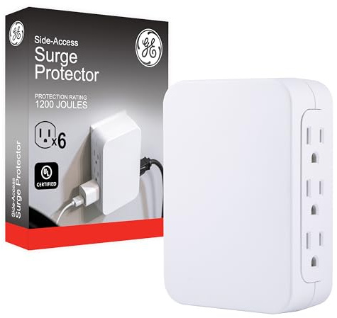 GE Pro 6-Outlet Extender, Surge Protector, Side Access, Wall Tap Adapter, 3-Prong, 1200 Joules, Warranty, UL Listed, White, 10353