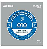 D'Addario PL010-5 Cuerda individual de acero liso para guitarra electrica/acustica, 5-Pack, 010