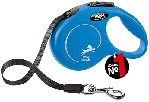 flexi® Classic XS | Laisse rétractable à sangle de 3 m pour petits chiens jusqu'à 12 kg | Format de poche | poignée à 3 doigts | Bleu | Laisse à enrouleur | Poids : 110 g | Dimensions : 8,2 x 13 cm