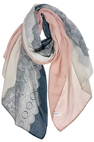 GERINLY Pretty Lace Printed Scarves for Women Lightweight Soft Cotton Wrap Scarf (Grey Coral)