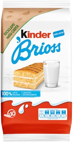 Kinder Brioss - 10 Merendine di Pan di Spagna, Lievitate Naturalmente, con Farcitura al Latte 100% Italiano, Ottime a Colazione e Merenda, Confezione da 270 Grammi