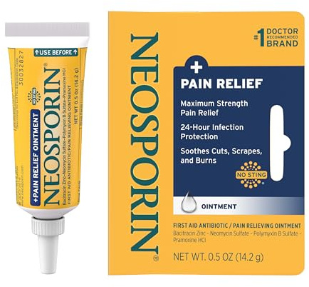 Neosporin + Maximum-Strength Pain Relief Dual Action Ointment, First Aid Topical Antibiotic & Analgesic Ointment for 24-Hour Infection Protection with Bacitracin Zinc & Pramoxine HCl,.5 oz