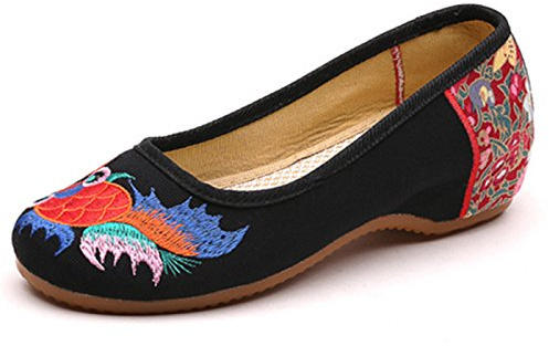 Qhome Women's Fashion Goldfish Embroidery Oxfords Sole Round-Toe Casual Dance Shoes Flat Black