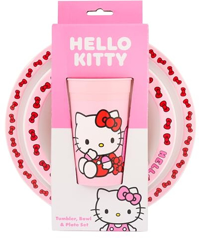 Hello Kitty 3pc Polypropylene Childrens Dinner Set, Including Plate, Bowl and Tumbler - Microwave and Dishwasher Safe - Suitable for Ages 36+ Months