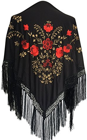 La Senorita Foulard Ceinture Chale De Danse Flamenco Broderie Frange noir rouge d 'or