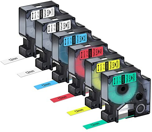 NineLeaf 6 x Kompatibel für Dymo D1 12mm Schriftband 45013 45010 45016 45017 45018 45019 Etikettenband 12mm x 7m für LabelManager 160 280 100 210D 360D 420P,Schwarz auf Klar/Weiß/Gelb/Rot/Grün/Blau