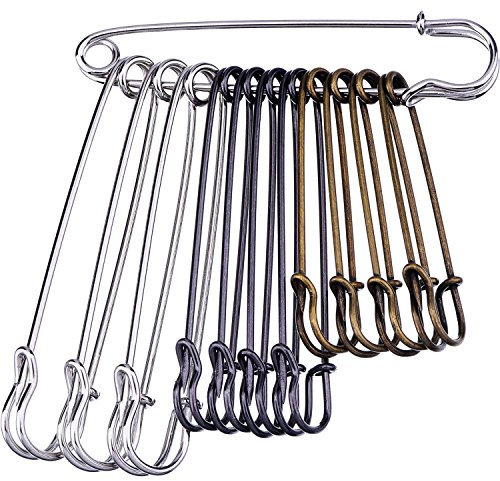 12 Stück Extragroß Sicherheitsnadel Rostfrei Stahl Heavy Duty Sicherheitsnadel, 3 Größen ( Silbern, Bronzen und Schwarz)