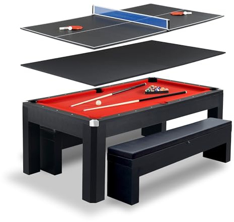 Hathaway Park Avenue 7 Ft Pool Table Combo Set with Benches and Complete Game Accessories - Billiard Table with Ping Pong and Dining Top - Engineered Wood Frame, Black Finish, Red Felt