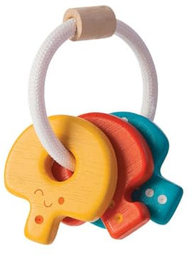 PlanToys Schlüsselrasseln Baby - Rassel und Beißring Baby - Greifling aus Holz - Babyspielzeug - Holzspielzeuge ab 4 Monaten - Helle Farben