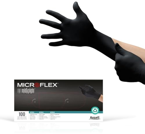 Ansell MICROFLEX MidKnight MK-296 Disposable Nitrile Gloves for Automotive, Law Enforcement w/ Full Texture - Large, Black (Box of 100)