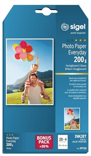 SIGEL IP718 InkJet Fotopapier 10x15 cm, 20 + 4 Blatt gratis, hochglänzend, weiß, 200 g, für hochwertige Fotografien