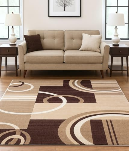 Well Woven Ruby Echo Shapes & Circles Geometric Ivory and Beige 6 by 9 Rug for Living Rooms & Dining Rooms - Neutral Modern Carpet, Easy Care Geometric Pattern, Floor Covering with Abstract Circles