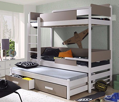 NAKA Massivholz Kiefer Etagenbett 3 Liegeflächen Ink.3Matratzen 190x80 Kinderbett Quatro NEU (weiß/trüffel)
