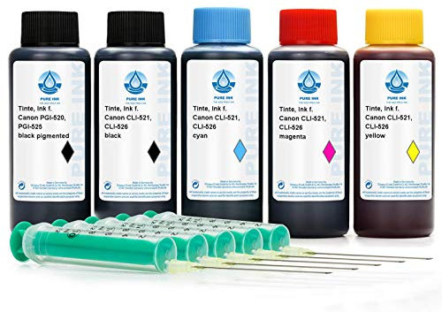 5X 100 ml Pure Ink Nachfülltinte, Druckertinte kompatibel für Canon PGI-520, PGI-525, CLI-521, CLI-526 Druckerpatronen, kein OEM für Canon Pixma IP 3600, IP 4600, u.a.
