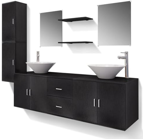 vidaXL 11 pièces mobilier Meuble pour Salle de Bains avec lavabo et Robinet Noir
