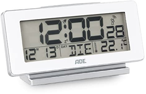 ADE Orologio digitale da tavolo | Sveglia da comodino | Calendario | Termometro | Illuminazione | radiocontrollata segnale orario DCF | Batteria inclusa | Cornice bianco