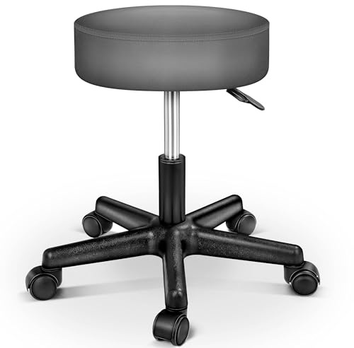 TRESKO® Sgabello da Lavoro Girevole per Salone Estetico e Ambulatorio Medico, con Rotelle, Rotazione Libera di 360°, 10 cm di Imbottitura (Grigio)