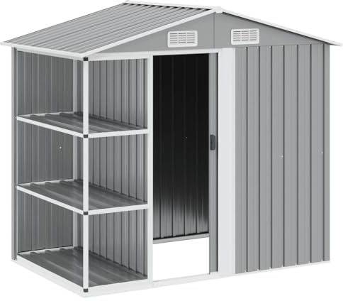 vidaXL Cobertizo de Jardín con Estantería Caseta Cabaña Almacenamiento Troncos de Jardín Terraza Exterior al Aire Libre Hierro Gris