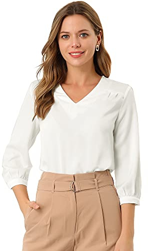 Allegra K Blusa de satén para Mujer Camisas Informales sólidas con Cuello en V de Manga 3/4 Blanco S