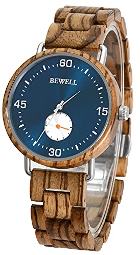 BEWELL Holzuhr Herrenuhren Holzuhren Herren Quarzwerk Holz & Edelstahl Handgemachte Stilvolle Armbanduhr