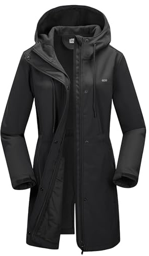 33,000ft Women’s Softshell Jacket with Hood Waterproof Ladies Functional Jacket Fleece Lined Windbreaker Breathable Raincoat Hooded Long Coats for Cycling Hiking Outdoor Black L