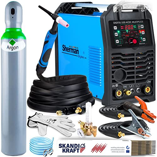ALLWELD Sherman DIGITIG 200 AC/DC Multi-Puls - 200A WIG Schweißgerät AC DC - HF-Zündung, Auswahl der AC-Wellenform - mit Punktschweißen & Kaltschweißen - Preflow & Postflow - MMA - Set:Professional