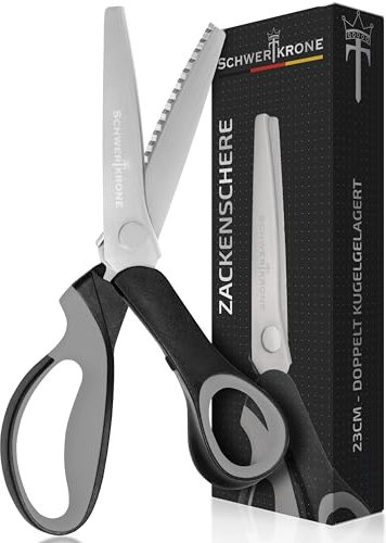 SCHWERTKRONE® Zickzackschere [PROFI ZACKENSCHERE] - Zickzackschere Stoff - Zackenschere Stoffschere - Zick Zack Schere - Wellenschere - Stoffschere Zickzack - Doppeltes Kugellager (Länge: 23cm)