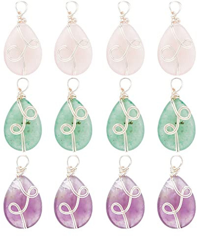 DICOSMETIC 12Pcs 3 Styles Natural Stone Pendant Teardrop Gemstone Pendants with Copper Wire Drop Crystal Stone Pendants Oval Beads Dangle Charms for Jewellery Making, Hole: 3.4mm
