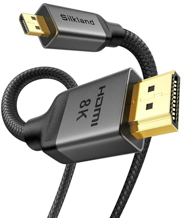 Silkland Cable Micro HDMI a HDMI 1M, [8K@60Hz, 4K@120Hz] de Nailon Trenzado, Admite 48Gbps, HDR y eARC Compatible con Raspberry Pi 5, 4, Cámaras, Hero, Portátiles y Televisores