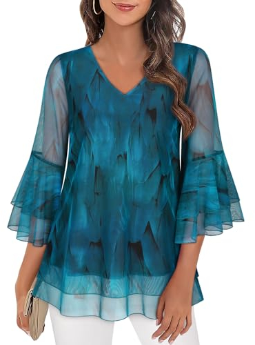 Syphiby Womens Blouses 3/4 Sleeve Tops Dressy Casual Double Layered V Neck Mesh Chiffon Tunic Shirts Peacock Blue