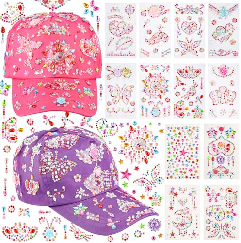 Gör-det-själv baseballkeps, justerbar basebollkeps, självformad keps med 12 ark glitterstensklistermärken, personlig keps, solhatt för flickor