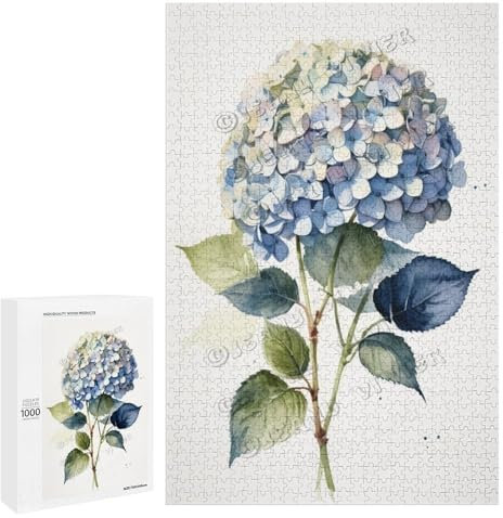 1000 Piece Jigsaw Puzzles for Adults - Wood Puzzles - Watercolor Hydrangea 1000 Piece Puzzle for Adults, Smooth Edged, High Resolution Puzzle