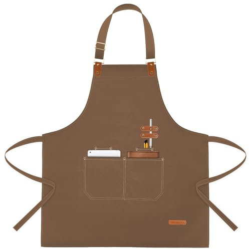 APRONPANDA Aprons for Men Women with Pockets, Waterproof Adjustable Chef Apron for Cooking, Baking, Gardening, BBQ, Craft Working, Painting (Brown)