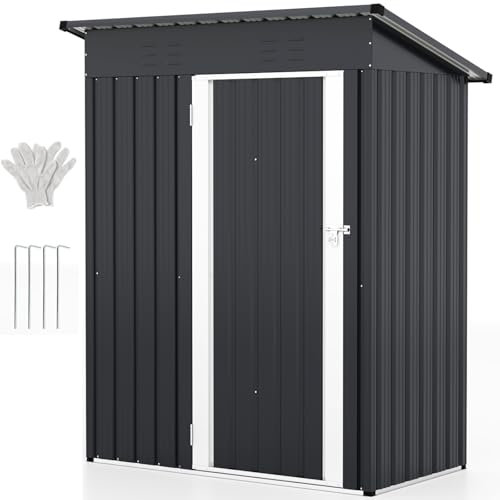 GiantexUK 5x3FT Metal Garden Shed, Galvanized Outdoor Storage Shed with 2 Air Vents, Lockable Door & Slope Roof, Utility Tool House Building for Backyard Patio Garbage Bike (153x91x181cm, Grey+White)