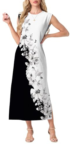 GRECERELLE Womens Summer Maxi Long Dress Casual Flower Sleeveless Crew Neck Split Hem Shift Dresses with Pocket for Ladies UK (Black White Azalea, M)