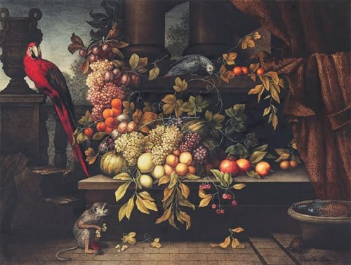ARToPHIIU Artistica Imagen Lienzo Famosa Pintura Reproducción Bodegón con frutas Enfriador de vino Animal Loros en un pórtico por David Emil De Noter para Decoración de Paredes 60x90cm