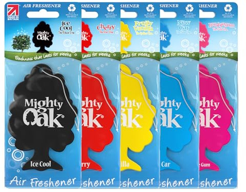 Mighty Oak Air Freshener – Mixed Fragrance 5 Pack (New Car, Ice Cool, Vanilla, Cherry & Bubblegum) – Long Lasting Hanging Car Deodoriser – Odour Eliminator – UK Made Auto Accessories – Car Scent Fresh