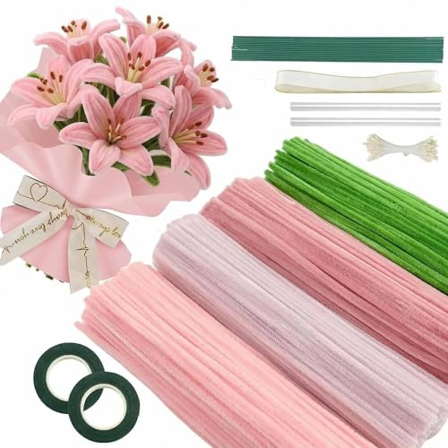 SHIFANQI 400pcs Pipe Cleaners for Craft Flowers, Pipe Cleaner Flower Kit for Tulip Bouquets, Stems, Floral Tape & Ribbon for DIY Flowers, Handmade Gifts, Holiday and Home Decorations, Pink