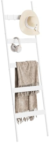 5 Tier Towel Ladder with Wood Grain Accents, Metal Leaning Towel Rack | 160cm/5.2ftRustic Throw Ladder, Industrial Shabby Chic Decorative Rack for Bathroom & Living Room, White 1 Pack