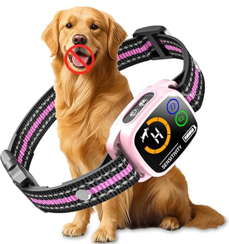 PatteSage Collier Anti aboiement Chien, Collier Electrique pour Chien 6 Niveaux de Sensibilité, Modes Son/Vibration/Vibration Forte Rechargeable, Étanche IP67 pour Petit Moyen Grand Chiens - Rose