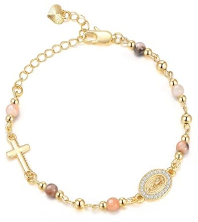 Bracelet Croix Femme en Pierre Naturelle – Bijou Chrétien Ajustable avec Médaille Vierge Marie, Élégant, Classique et Symbolique pour Baptême, Communion, Confirmation, Cadeau Chrétien Féminin
