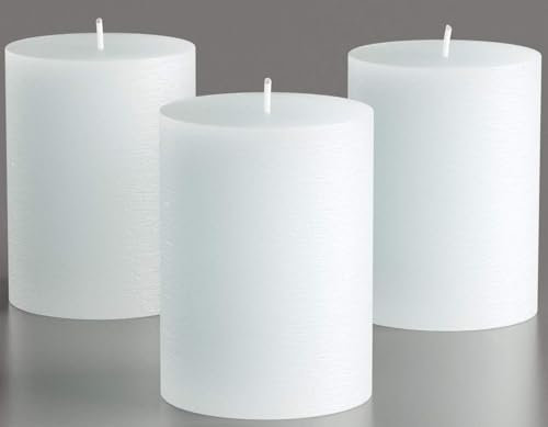 Melt Candle Company Set 3 Weißen Stumpenkerzen ohne Duftstoffe Größe 7,5 x 10cm für Hochzeiten, Restaurants, Wohnungsausstattung, Wellness, Kirche rauchfreier Baumwolldocht