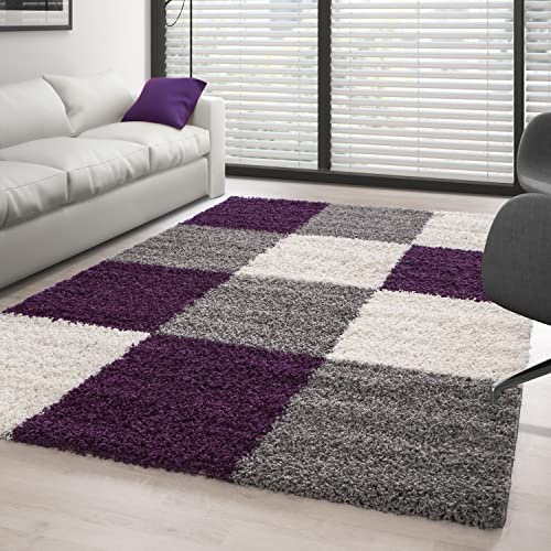 Carpettex matta med hög lugg – vardagsrum lurvig Flokati modern rutig design 160 x 230 cm lila – sovrum mjuk fluffig tvättbar – kök matsal lång lugg
