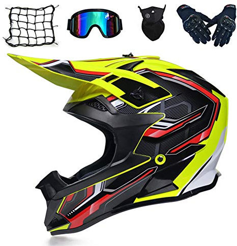 MRDEAR Casco Motocross Adulto con Fodera Removibile, Nero e Giallo, Casco da Cross Casco Integrale MTB Downhill Moto Enduro Donna Uomo con Occhiali/ Guanti/ Mascherina/ Rete Ragno Elastica,S