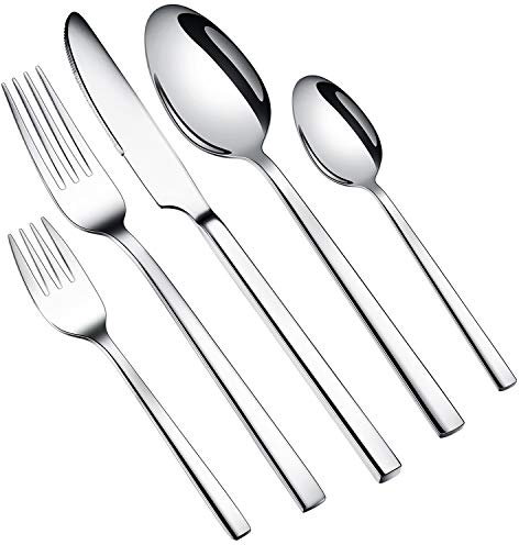 WUJO Set di Posate, Set di Argenteria/Posata da tavola 60 Pezzi in Acciaio Inox per 12 Persone, Contiene Coltello/Forchetta/Dessert Forchetta/Cucchiaio/Cucchiaino da Tè in Argento