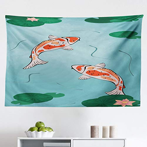 Ambesonne Koi Fish Tapestry, 2 Japanese Koi Swimming in the Pond with Waterlilies Art Illustration, Fabric Wall Hanging Decor for Bedroom Living Room Dorm, 45 X 30, Multicolor
