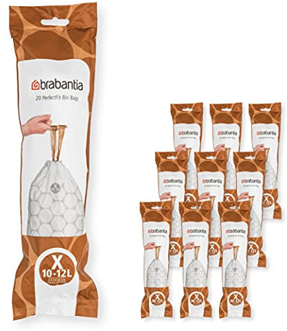 Brabantia 138089 PerfectFit Bin Liners Multipack (Size X/10-12 Litre) Thick Plastic Trash Bags with Tie Tape Drawstring Handles (200 Bags), White