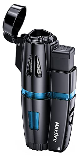 Encendedor de Chorro Triple Llama - Recargable de Gas Butano, a Prueba de Viento Con Perforador y Ventana de Nivel de Combustible