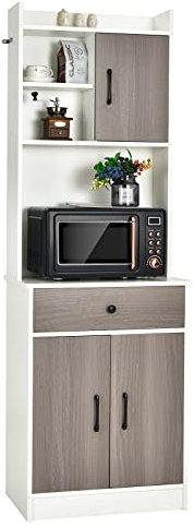 COSTWAY Mueble Cocina con 3 Puertas y Despensa, Almacén Cocina con Cajón, Hoyo para Cables, Repisas Regulables, Amplio Espacio Abierto para Microondas (Blanco, ‎40 x 60 x 180 cm)
