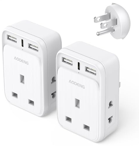 UK to US Plug Adapter 2 Pack, AODENG USA Travel Adapter with 2 Shaver Adapter, 1 UK 3-Pin Plug and 1 Type C Port & 2 USB Ports(Total: 5V/3.4A) American Plug Adapter for Canada, Mexico